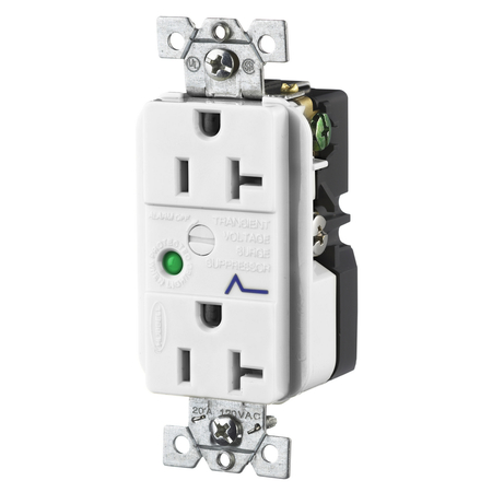 HUBBELL WIRING DEVICE-KELLEMS Surge Protective Devices, Straight Blade Receptacle, Duplex, 20A 125V, 2-Pole 3-Wire Grounding, 5-20R, White HBL5360WSA